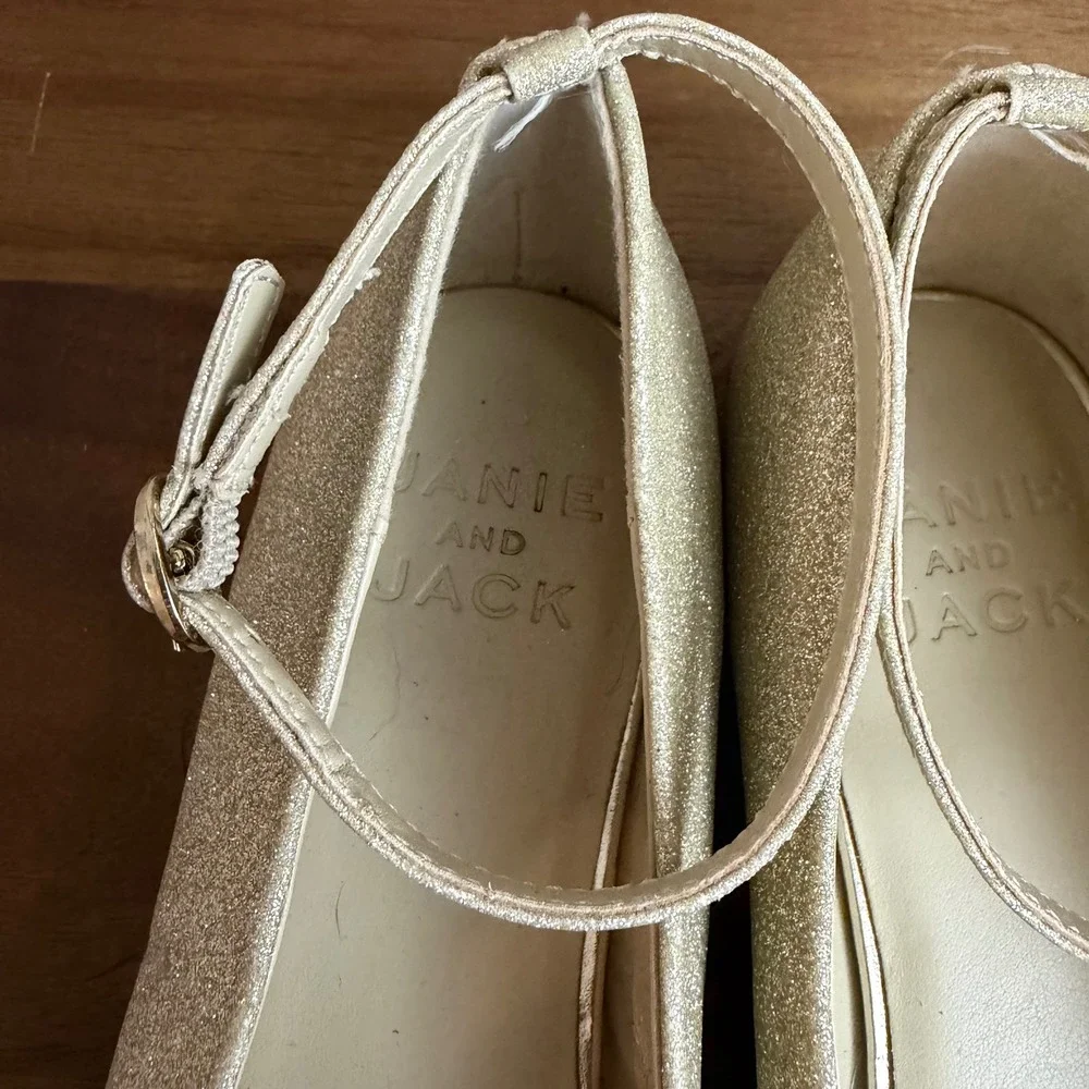 Janie and Jack Gold Glitter Ankle Strap Ballet Flats Size 2Y Sparkle Party Shoes